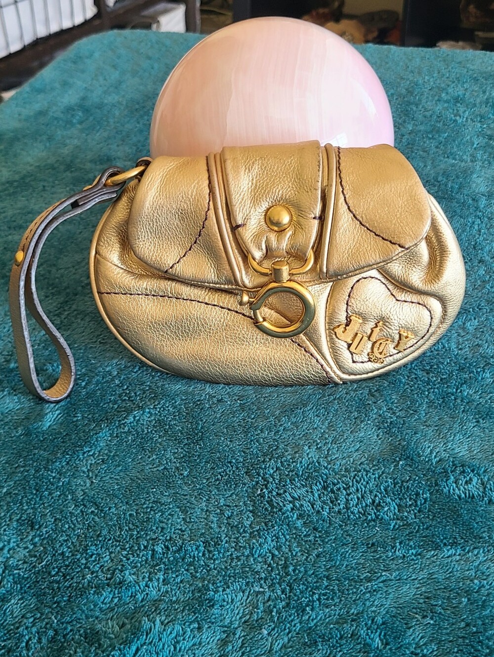 Y2K vintage metallic gold leather Juicy Couture wristlet featuring Heart Accent
